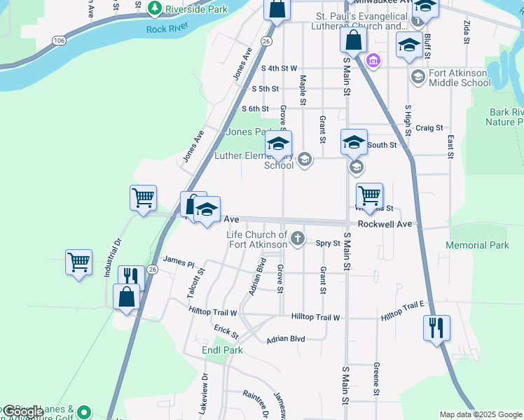 map of restaurants, bars, coffee shops, grocery stores, and more near 320 Rockwell Avenue in Fort Atkinson