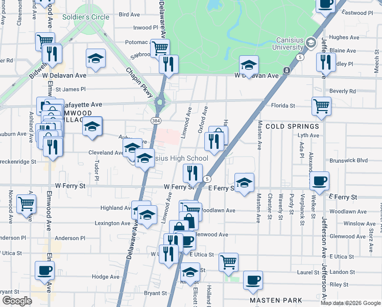 map of restaurants, bars, coffee shops, grocery stores, and more near 573 Linwood Avenue in Buffalo