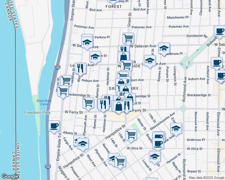 map of restaurants, bars, coffee shops, grocery stores, and more near 191 Herkimer Street in Buffalo