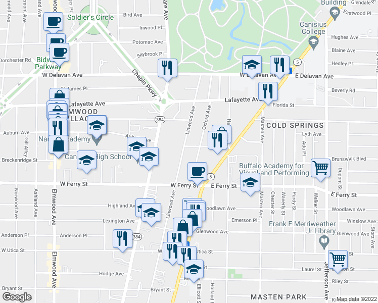 map of restaurants, bars, coffee shops, grocery stores, and more near 547 Linwood Avenue in Buffalo