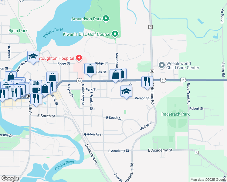 map of restaurants, bars, coffee shops, grocery stores, and more near 1221 East Main Street in Stoughton