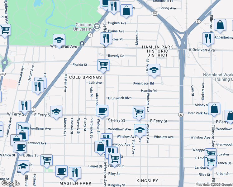 map of restaurants, bars, coffee shops, grocery stores, and more near 96 Lonsdale Road in Buffalo