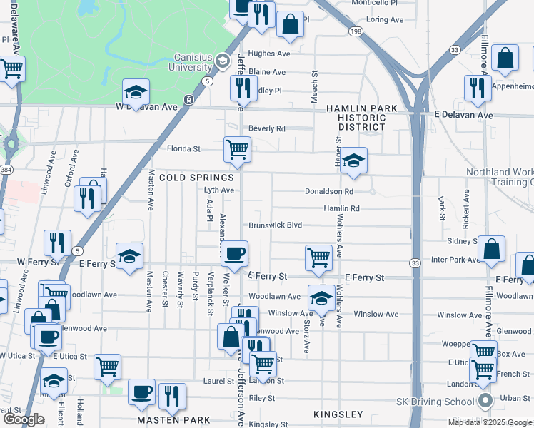 map of restaurants, bars, coffee shops, grocery stores, and more near in Buffalo