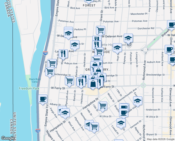 map of restaurants, bars, coffee shops, grocery stores, and more near 191 Herkimer Street in Buffalo