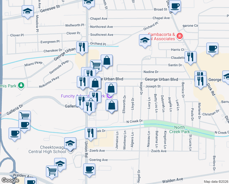 map of restaurants, bars, coffee shops, grocery stores, and more near 19 Wellington Road in Cheektowaga