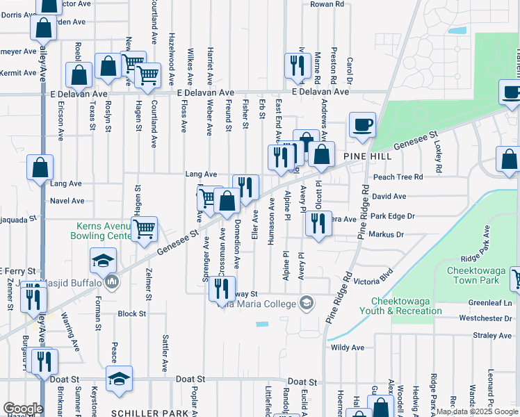 map of restaurants, bars, coffee shops, grocery stores, and more near 2234 Genesee Street in Buffalo