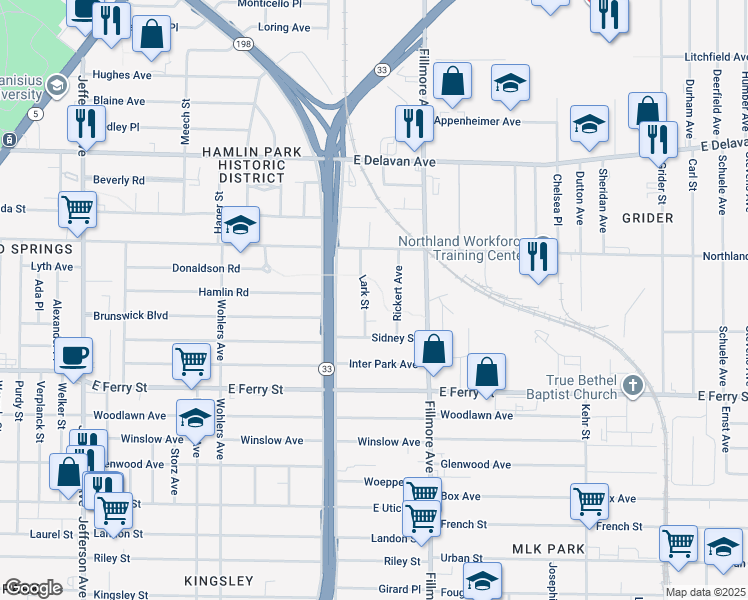 map of restaurants, bars, coffee shops, grocery stores, and more near 55 Lark Street in Buffalo