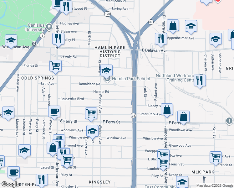 map of restaurants, bars, coffee shops, grocery stores, and more near 164 Hamlin Road in Buffalo
