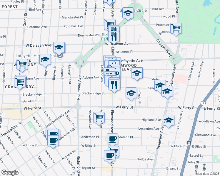 map of restaurants, bars, coffee shops, grocery stores, and more near 766 Elmwood Avenue in Buffalo