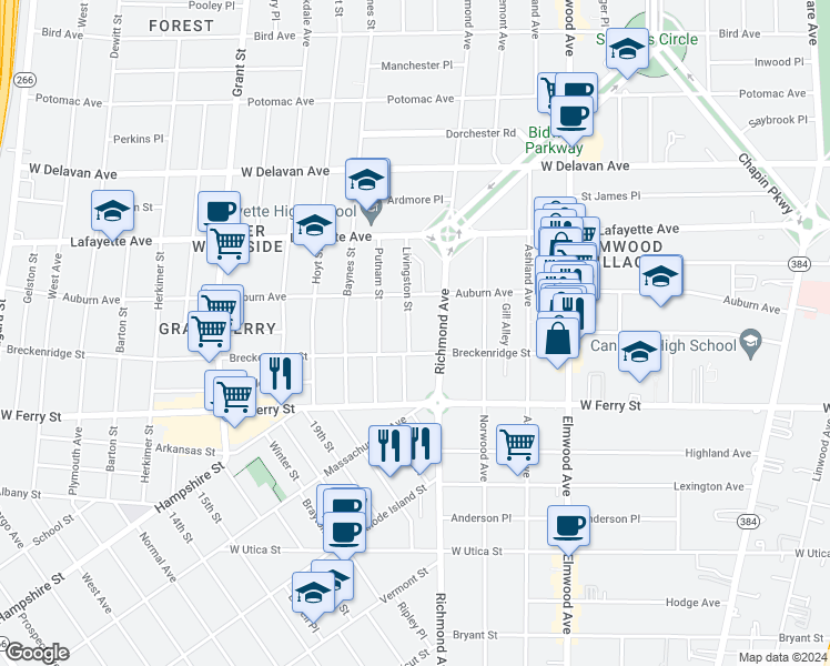 map of restaurants, bars, coffee shops, grocery stores, and more near 88 Livingston Street in Buffalo