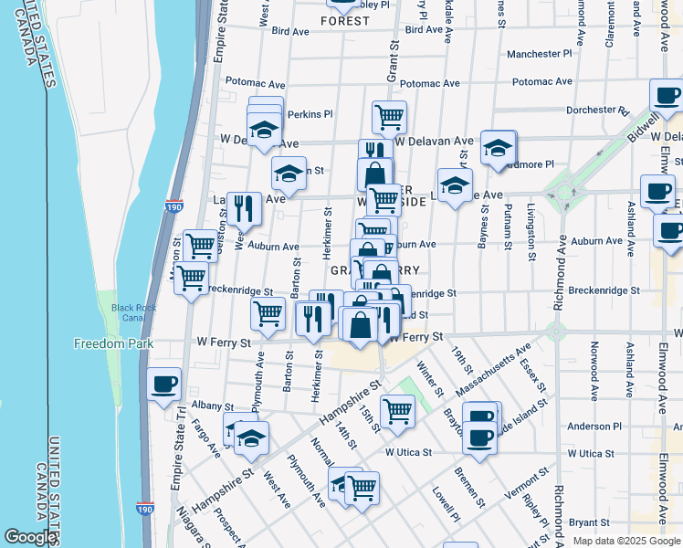 map of restaurants, bars, coffee shops, grocery stores, and more near 191 Herkimer Street in Buffalo