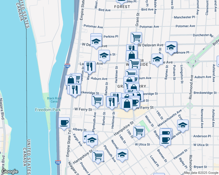 map of restaurants, bars, coffee shops, grocery stores, and more near 179 Auburn Avenue in Buffalo