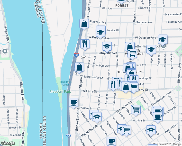 map of restaurants, bars, coffee shops, grocery stores, and more near 1019 West Avenue in Buffalo