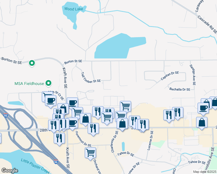 map of restaurants, bars, coffee shops, grocery stores, and more near 2530 Talltimber Court in Grand Rapids