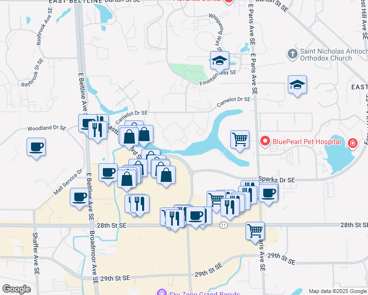 map of restaurants, bars, coffee shops, grocery stores, and more near 3758 Camelot Drive Southeast in Grand Rapids