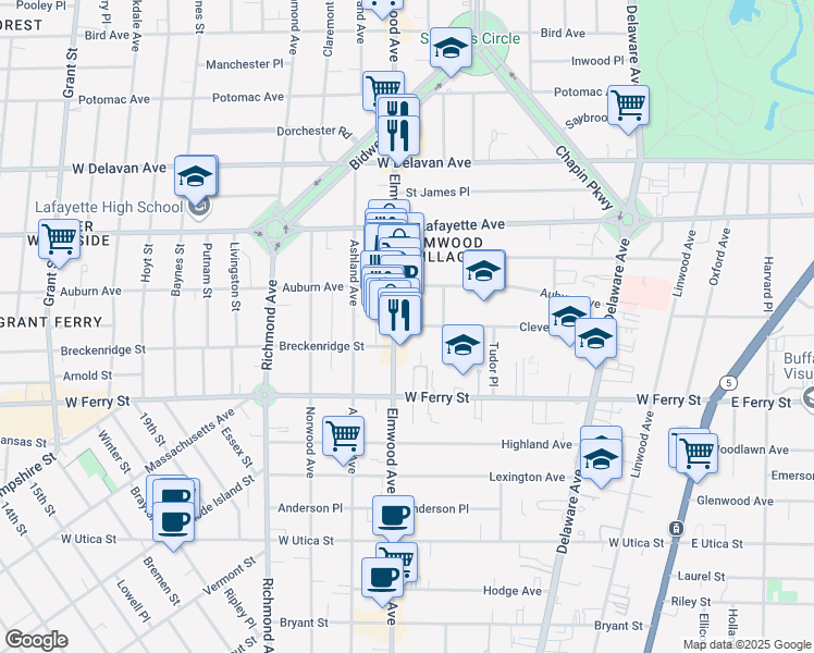 map of restaurants, bars, coffee shops, grocery stores, and more near 214 Cleveland Avenue in Buffalo
