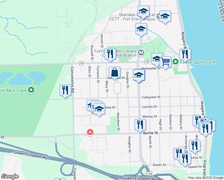 map of restaurants, bars, coffee shops, grocery stores, and more near 48 Aberdeen Court in Fort Erie