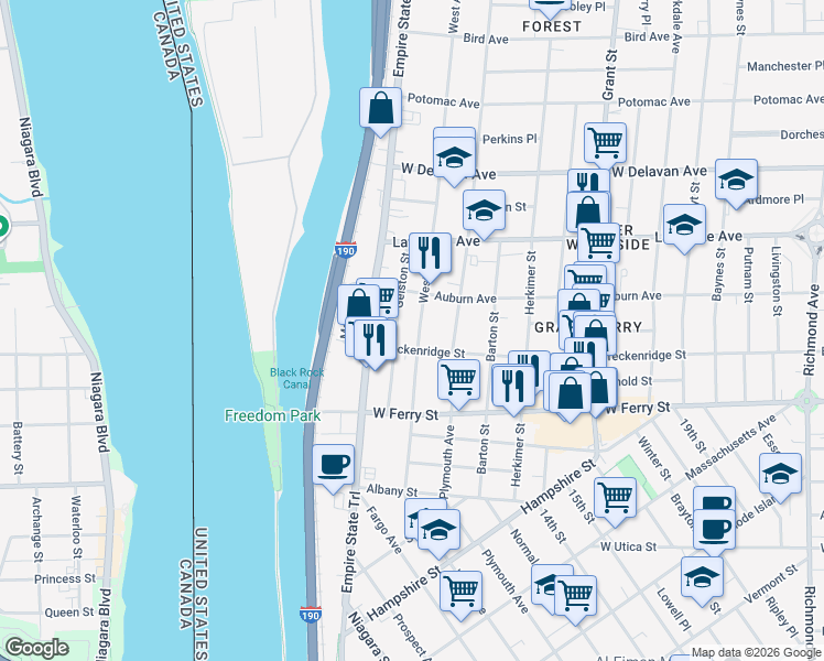 map of restaurants, bars, coffee shops, grocery stores, and more near 1019 West Avenue in Buffalo