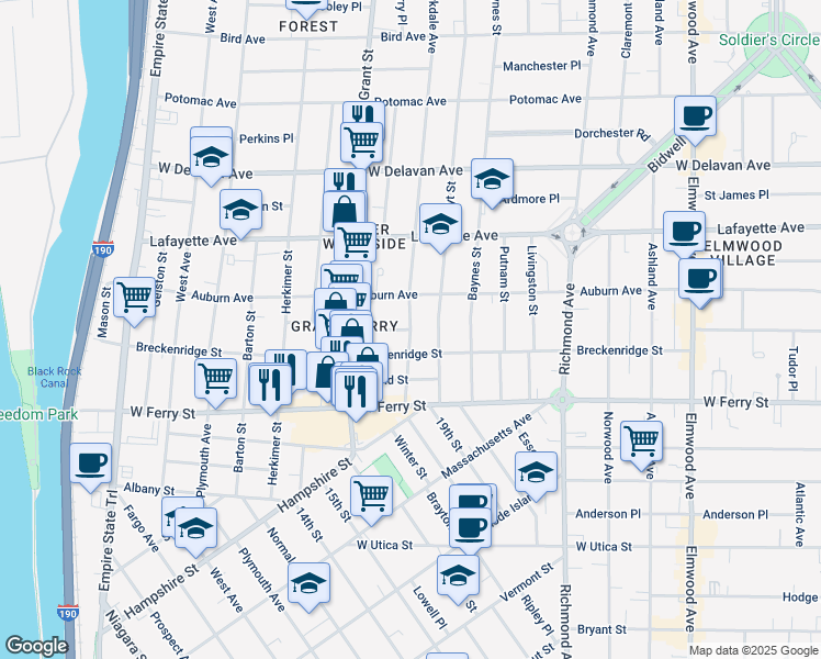 map of restaurants, bars, coffee shops, grocery stores, and more near Parkdale Avenue & Boyd Street in Buffalo