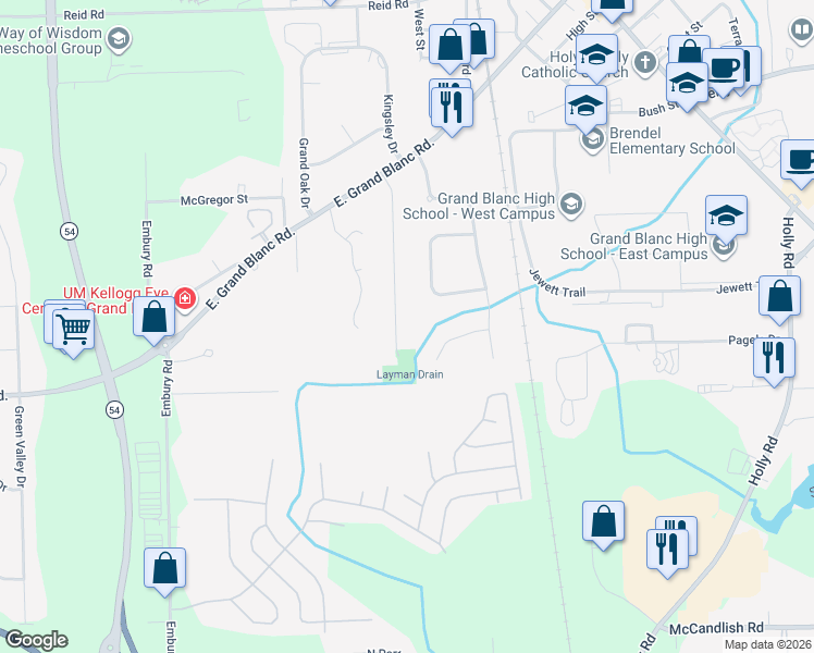 map of restaurants, bars, coffee shops, grocery stores, and more near 11681 Schram Street in Grand Blanc