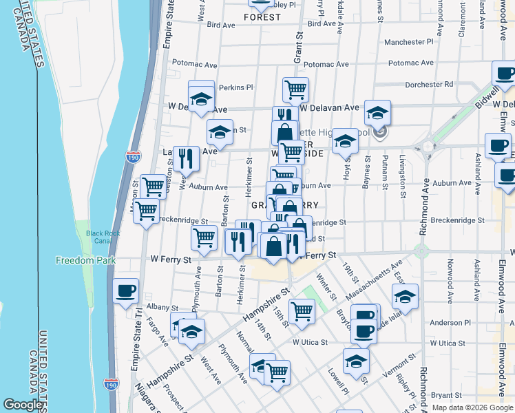 map of restaurants, bars, coffee shops, grocery stores, and more near 15 Auchinvole Avenue in Buffalo