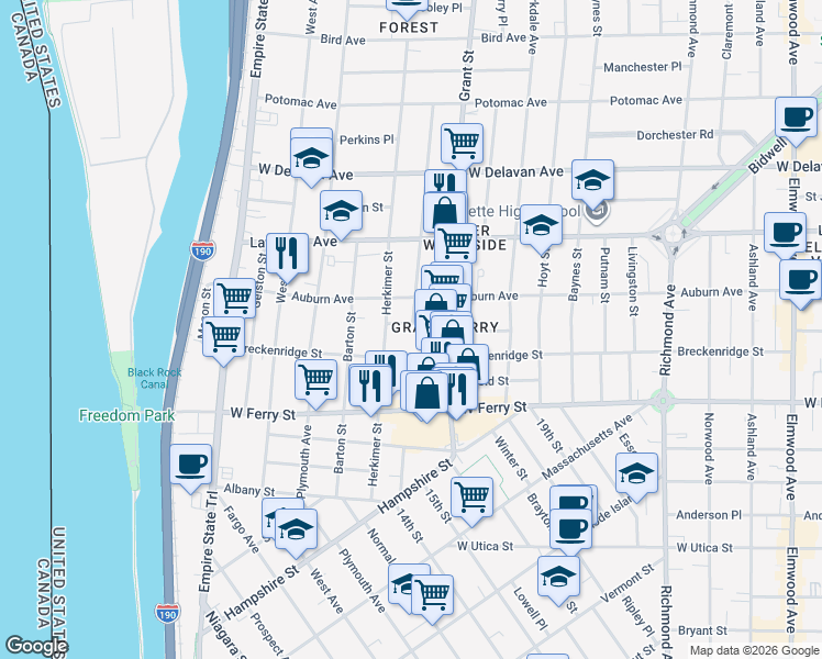 map of restaurants, bars, coffee shops, grocery stores, and more near 23 Auchinvole Avenue in Buffalo
