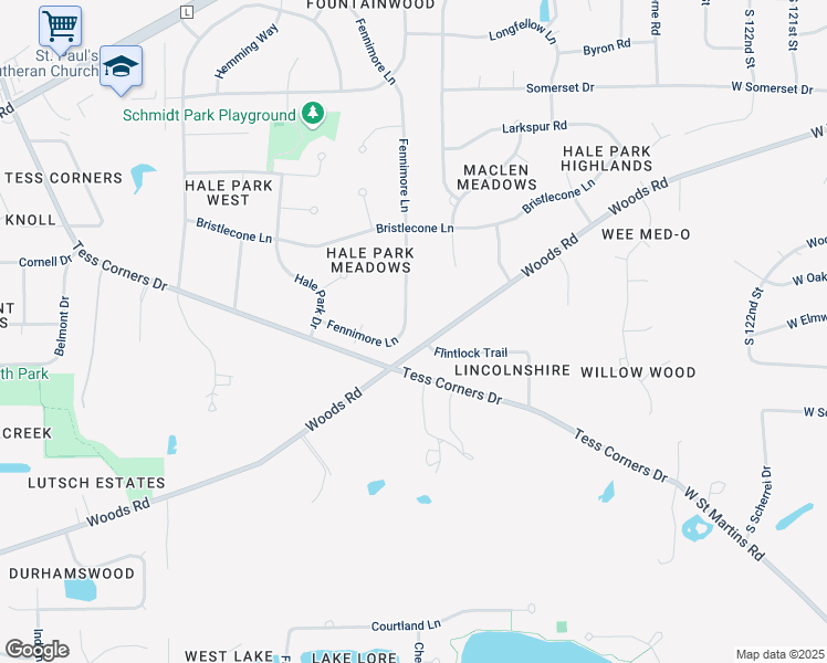 map of restaurants, bars, coffee shops, grocery stores, and more near W132S7016 Fennimore Lane in Muskego