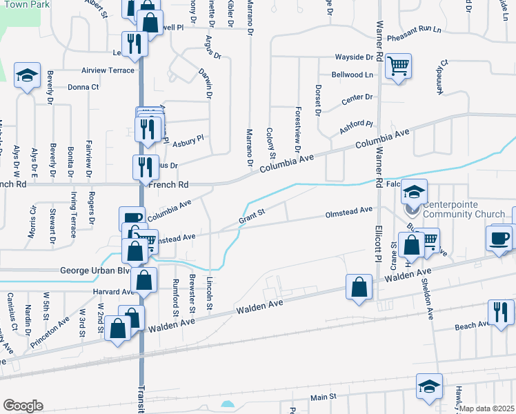 map of restaurants, bars, coffee shops, grocery stores, and more near 74 Grant St in Depew