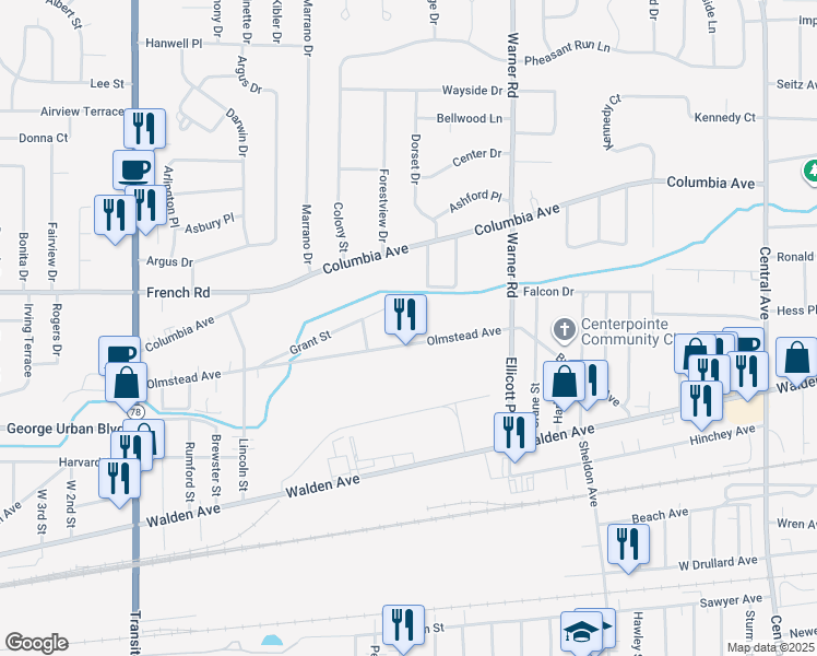 map of restaurants, bars, coffee shops, grocery stores, and more near 173 Grant Street in Depew