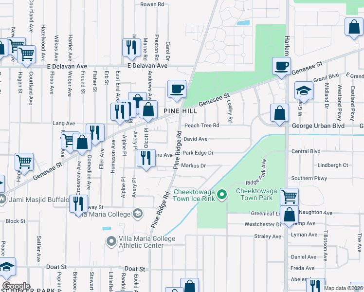 map of restaurants, bars, coffee shops, grocery stores, and more near 383 Pine Ridge Road in Buffalo
