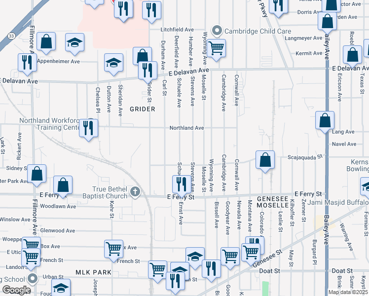 map of restaurants, bars, coffee shops, grocery stores, and more near 126 Schuele Avenue in Buffalo
