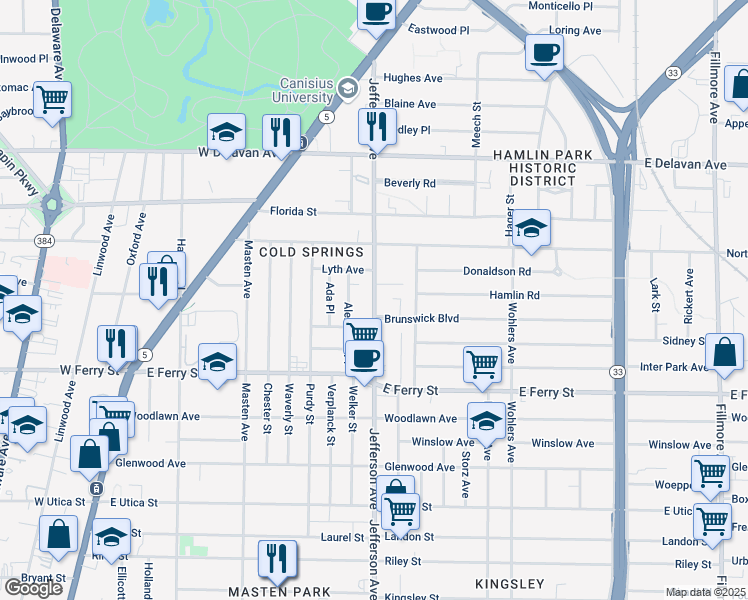 map of restaurants, bars, coffee shops, grocery stores, and more near 1565 Jefferson Avenue in Buffalo