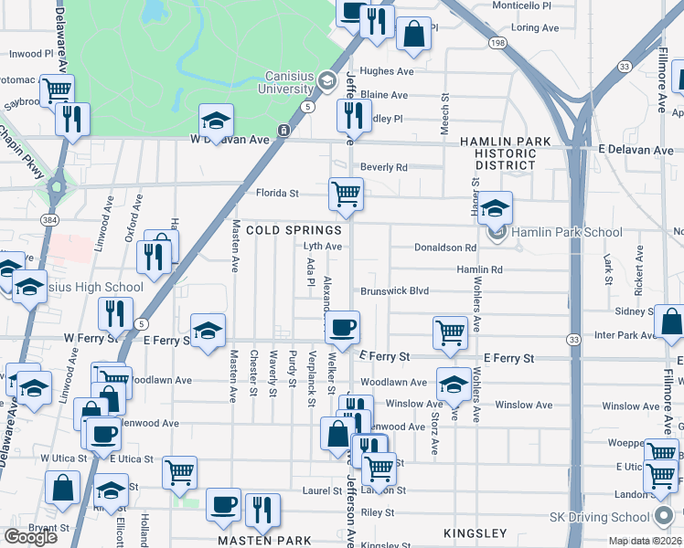 map of restaurants, bars, coffee shops, grocery stores, and more near 93 Alexander Place in Buffalo