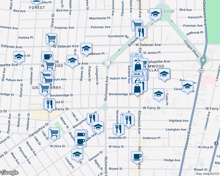 map of restaurants, bars, coffee shops, grocery stores, and more near 574 Richmond Avenue in Buffalo