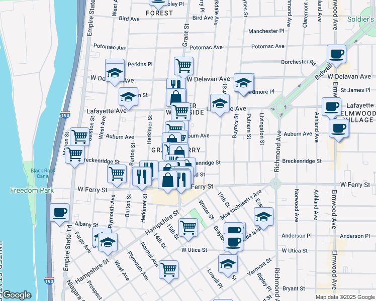 map of restaurants, bars, coffee shops, grocery stores, and more near 34 Boyd Street in Buffalo