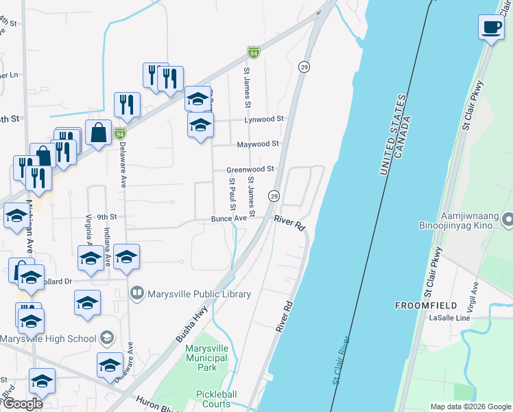 map of restaurants, bars, coffee shops, grocery stores, and more near 883 Saint James Street in Marysville