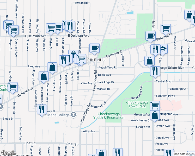 map of restaurants, bars, coffee shops, grocery stores, and more near 383 Pine Ridge Road in Buffalo
