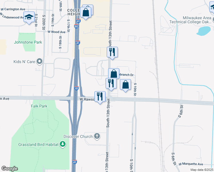 map of restaurants, bars, coffee shops, grocery stores, and more near 7023 South 13th Street in Oak Creek