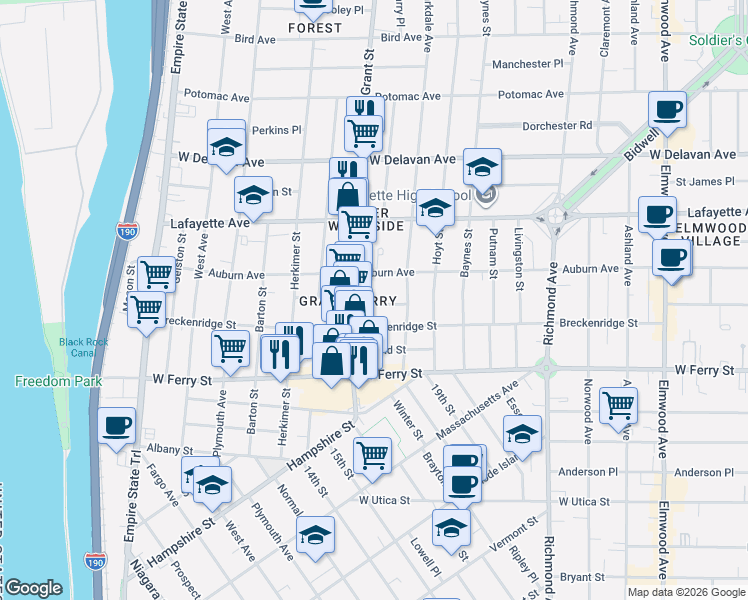 map of restaurants, bars, coffee shops, grocery stores, and more near 28 Boyd Street in Buffalo