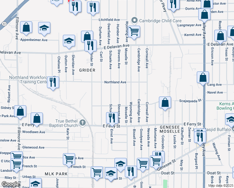 map of restaurants, bars, coffee shops, grocery stores, and more near 127 Stevens Avenue in Buffalo
