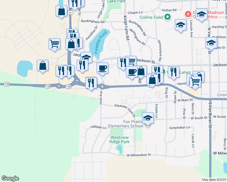 map of restaurants, bars, coffee shops, grocery stores, and more near 1925 U.S. 51 in Stoughton