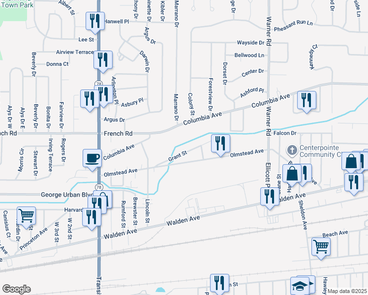 map of restaurants, bars, coffee shops, grocery stores, and more near 74 Grant Street in Depew