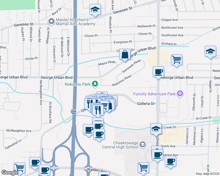 map of restaurants, bars, coffee shops, grocery stores, and more near 125 Nokomis Parkway in Cheektowaga