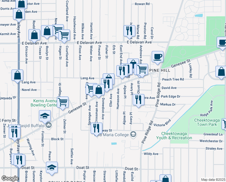 map of restaurants, bars, coffee shops, grocery stores, and more near 2234 Genesee Street in Buffalo