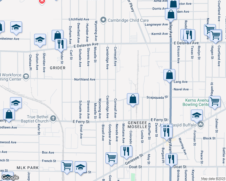 map of restaurants, bars, coffee shops, grocery stores, and more near 110 Cornwall Avenue in Buffalo