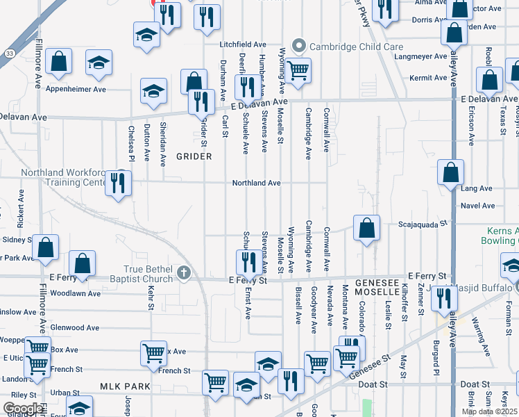 map of restaurants, bars, coffee shops, grocery stores, and more near 127 Stevens Avenue in Buffalo