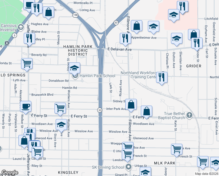 map of restaurants, bars, coffee shops, grocery stores, and more near 55 Lark Street in Buffalo