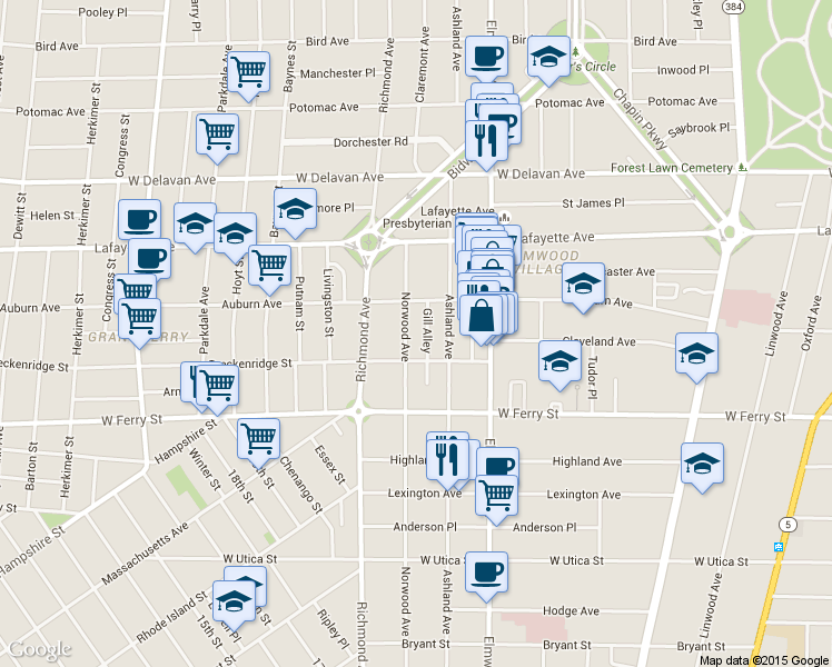 map of restaurants, bars, coffee shops, grocery stores, and more near 480 Norwood Avenue in Buffalo