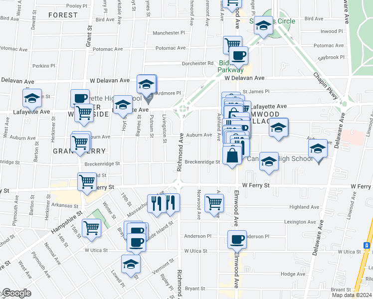 map of restaurants, bars, coffee shops, grocery stores, and more near 574 Richmond Avenue in Buffalo