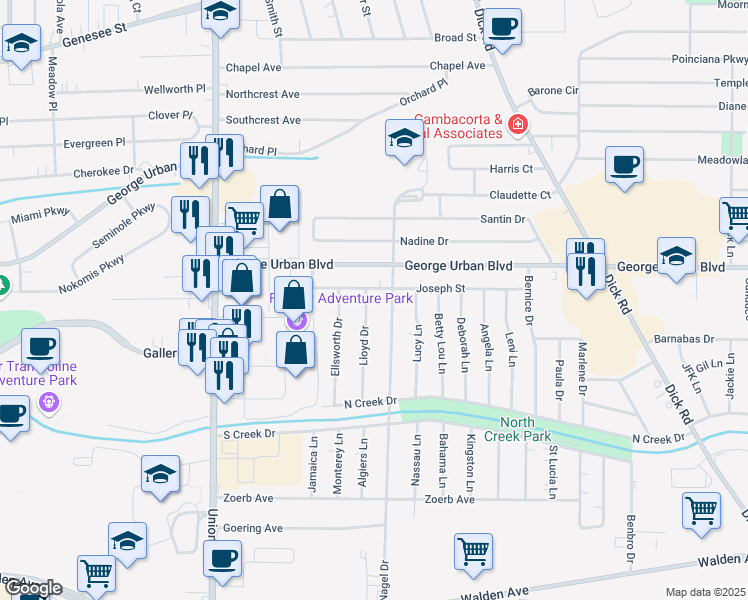 map of restaurants, bars, coffee shops, grocery stores, and more near 8 Lloyd Drive in Buffalo